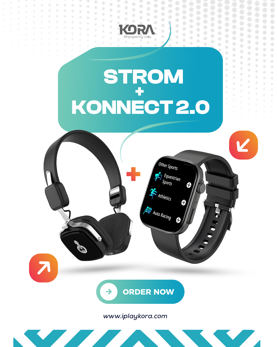 Kora Strom Premium Bluetooth Headphones – Voice Assistant, Noise-Cancelling, Long Battery Life, and Crystal-Clear Sound + Kora Konnect 2.0 2.01'' Smart Watch with BT Calling, Health Monitor & Easy Music Control