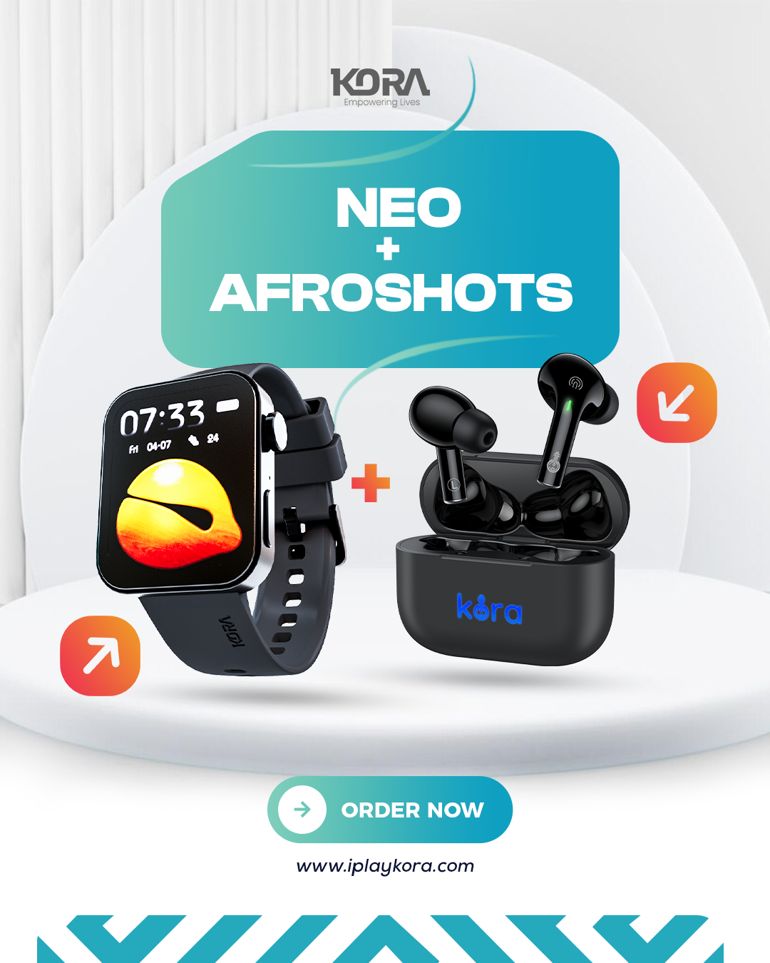 Kora Neo 1.78'' AMOLED Premium Smart Watch with BT Calling, Auto sports detection, LIVE Weather Updates & Health Monitor + Kora Afroshots Wireless Earbuds with 8mm drivers, 30 Hours Playback, Type C Fast Charging